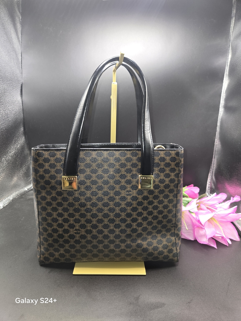 Authentic Celine Macadam Canvas Tote Bag Black Brown Vintage Shoulder Bag